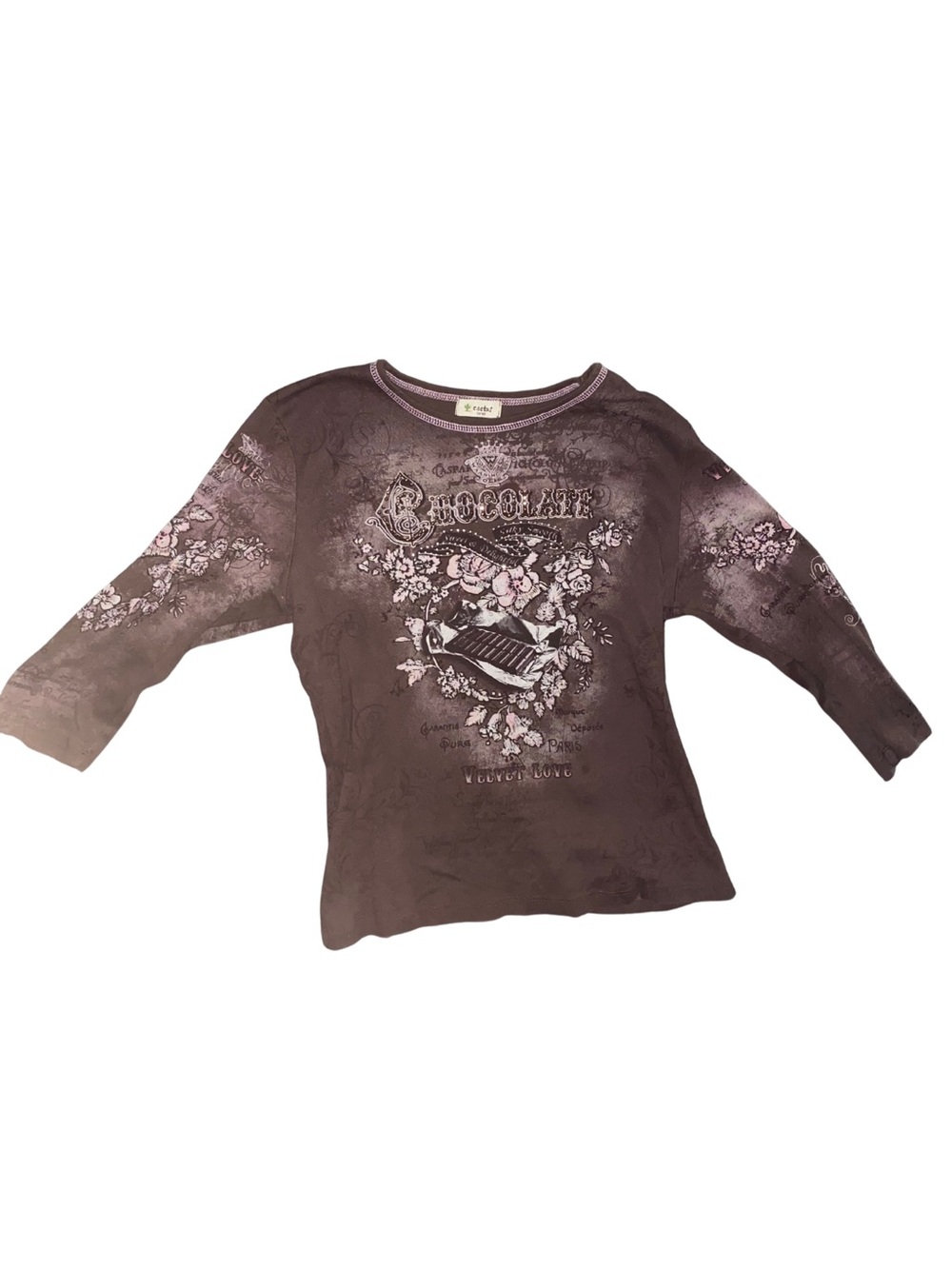 Cactus Womens Large Chocolate Brown Rhinestone Floral Graphic 3/4 Sleeve Top